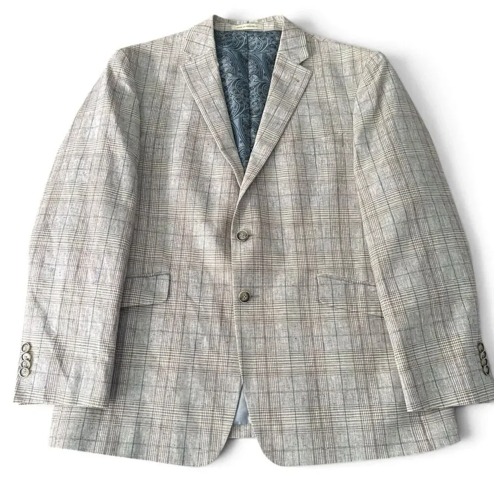 Joseph Abboud Paisley Linen Blazer Men 44S Slim Tan Plaid 2 Button Sport Coat